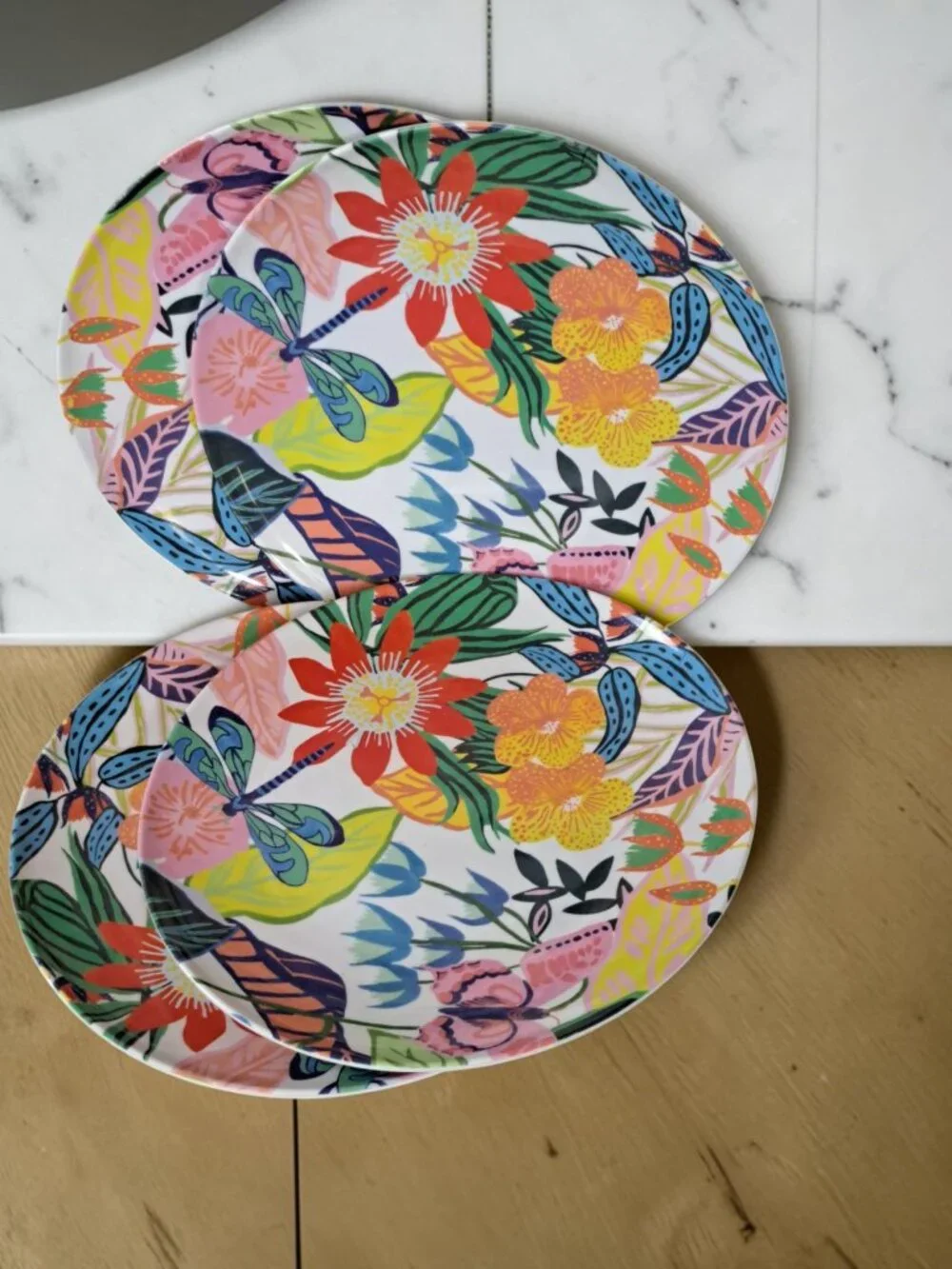 Anthropologie Lot Of 4 Melamine Plates Dragonfly Flowers 10 1/2